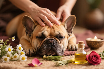 Ayurvedic pet wellness therapy with French Bulldog receiving calming massage using chamomile and vetiver oil, rose petals and soft light, cozy macro photography scene