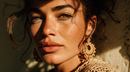 A young Middle-Eastern woman with curly hair and olive skin wears a crochet boho summer outfit. She has large knitted earrings and a natural makeup look.