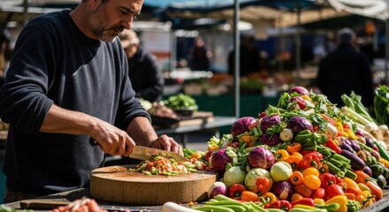 Caucasian male adult preparing fresh vegetables at outdoor market stall