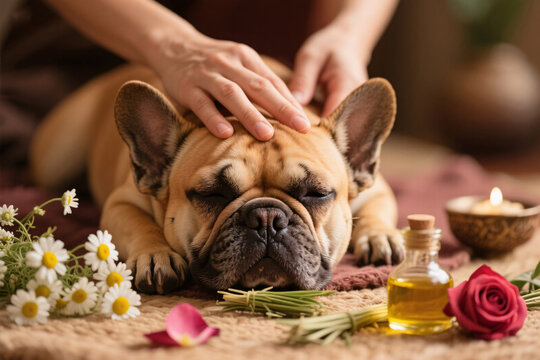 Ayurvedic pet wellness therapy with French Bulldog receiving calming massage using chamomile and vetiver oil, rose petals and soft light, cozy macro photography scene