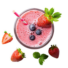 
a glass with a strawberries and black berry flavoured smoothie.top view