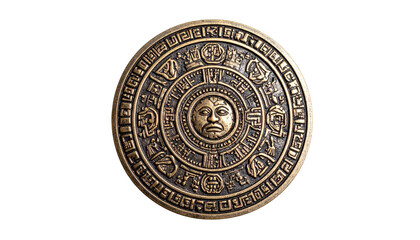 Ancient bronze circular disc artifact isolated on transparent background