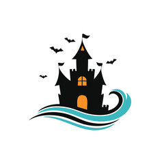 Black haunted castle with flying bats and waves halloween haunted house