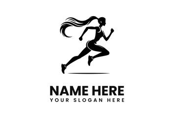Silhouette of a woman running with flowing hair, depicted in a minimalist, athletic logo design.