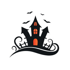 Black haunted house with bats and orange glow Halloween spooky