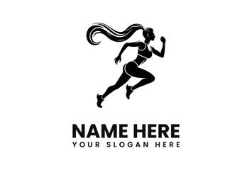 Obraz premium Silhouette of a fit woman running with flowing hair, in black against a white background.