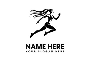 Silhouette of a woman running with flowing hair, depicted in a vector graphic style.