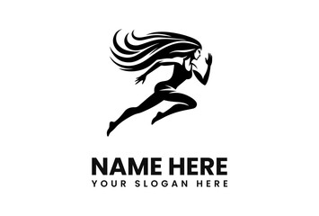 Silhouette of a woman running with flowing hair, stylized logo for a brand.