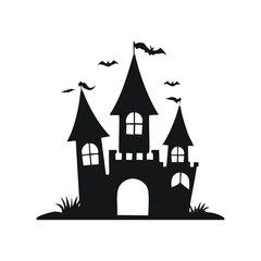 Black silhouette of a haunted castle with bats flying Halloween