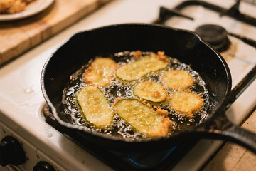 Top-down view of deep-fried pickles sizzling in skillet with bubbling oil, crispy battered edges, warm golden tones, shallow depth of field, rustic kitchen setup, and film grain mood.
