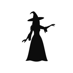 Black silhouette of a witch in a pointed hat and flowing dress white halloween