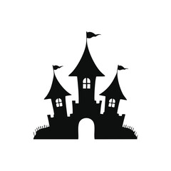 Black silhouette of a spooky castle with flags and arched doorway white