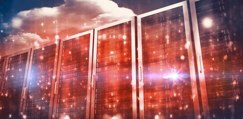 Red server room against cloudy sky
