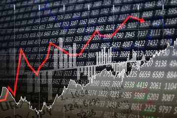 Flat design chart showing red ascending arrow rising amid blue white line charts with numeric grid