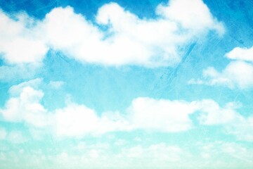 White cumulus clouds are drifting across textured gradient blue sky in flat design style