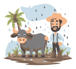 Cheerful Cartoon Farmer with Cow in a Tropical Rainy Landscape Setting