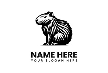 A stylized black and white capybara logo with placeholder text for a name and slogan.