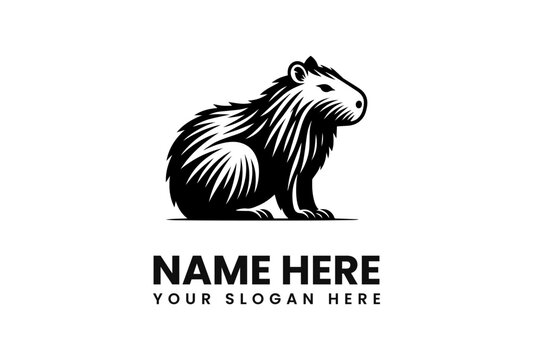 A stylized black and white capybara logo design, sitting calmly, ready for branding.