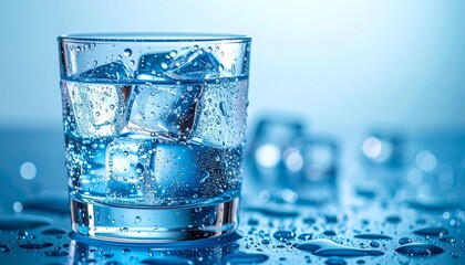 Refreshing glass of water with ice cubes, condensation droplets, and cool blue tones
