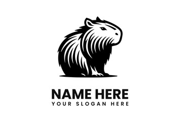 A black and white vector illustration of a capybara sitting, with text below for a name and slogan.