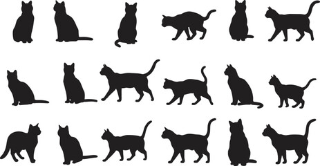 Silhouette cat collection, sitting and walking feline poses, black kitten vector shapes, pet animal clipart, isolated design elements, modern illustration bundle, graphic for creatives.