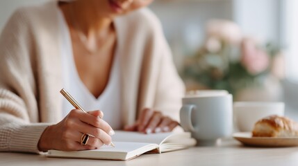 Woman writing in a notebook with a cup of coffee and a pastry on a cozy table in a modern setting