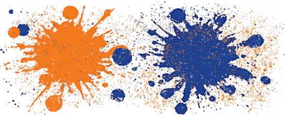 Abstract splatter of orange and blue paint
