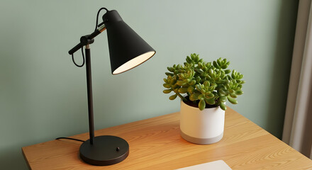Modern Black Desk Lamp Illuminating Succulent Plant on Wooden Table with Neutral Wall