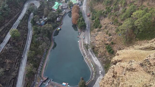 An aerial footage of Sariatal also known as Sarita tal in the morning