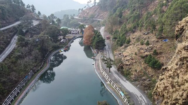 An aerial footage of Sariatal also known as Sarita tal in the morning