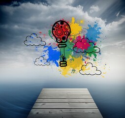 Hot air balloon on splashes over ocean