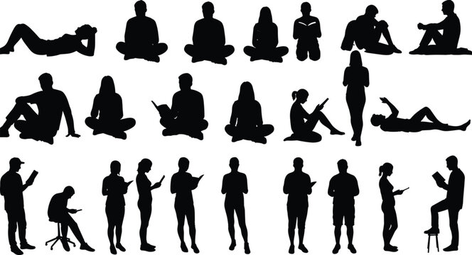 Silhouette people reading, sitting, standing, using tablet, holding book, relaxing, man and woman poses, modern lifestyle, vector set, education, digital concept.