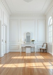 Beautiful white interior classic room with wooden floor light walls with moldings dressing table with mirror decorated with decor and flower Empty room interior design Ultra realistic Photoreali