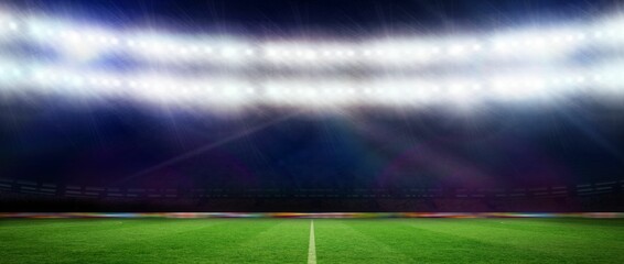 Fototapeta premium Flat design showing illuminated grass pitch under floodlights with white center line and stands