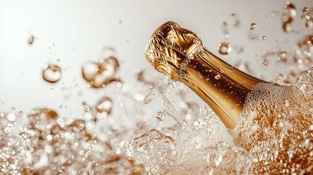 Champagne bottle, water bubbles, golden foil detail