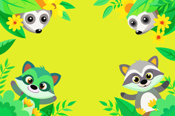 Naklejka premium Four children toy raccoons in a green yellow frame
