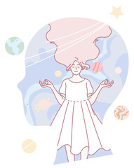 A whimsical and enchanting illustration featuring a woman deeply meditating, her hair adorned with cosmic elements
