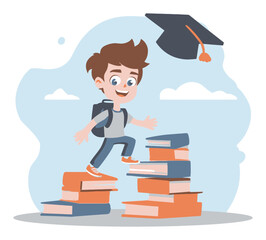 Happy Cartoon Boy Climbing Books with Graduation Cap in Background
