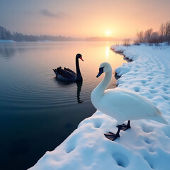 Elegant Black and White Swans by a Snowy Winter Lake at Sunset
