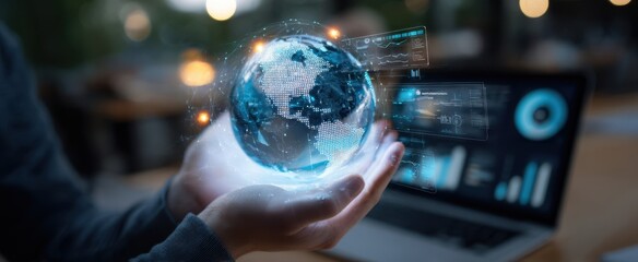 The Hands Holding a Digital Globe with Advanced Data Visualization and Technology.