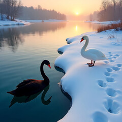 Elegant Black and White Swans by a Snowy Winter Lake at Sunset