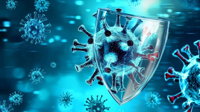 Artistic representation of a barrier designed to ward off viruses and bacteria at a microscopic level. 