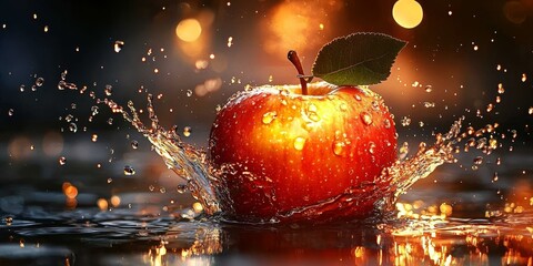 The striking glow of water enhanced by a falling red apple.