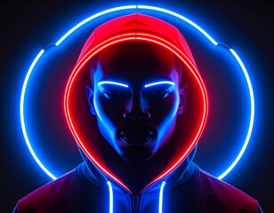 Abstrakcyjny, neonowy portret mężczyzny w czerwonym kapturze