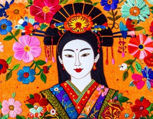 Obraz premium Bogato wyszywany kilim z portretem tradycyjnie ubranej i uczesanej Japonki