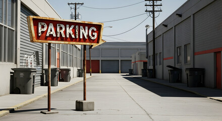 Urban Alleyway Featuring Weathered Parking Sign With Industrial Buildings Backdrop