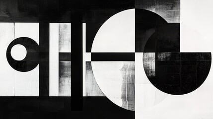 Abstract composition of black and white geometric shapes.