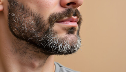 Fototapeta premium Close-up of man's salt-and-pepper beard with wild stray hairs 