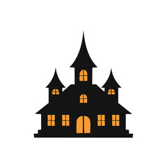 Spooky black castle with glowing orange windows haunted house halloween