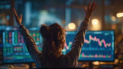 Stock market success concept: A joyful female investor raising her hand in celebration as her virtual investment in oil stocks rises sharply on a digital trading screen. 